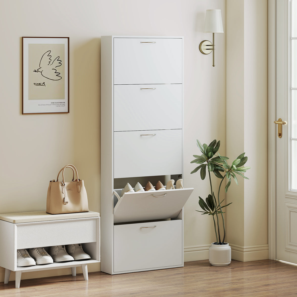 Meuble à chaussures 15 paires, armoire à chaussures étroite moderne avec 5 tiroirs rabattables, 65 x 17 x 180,5 cm blanc