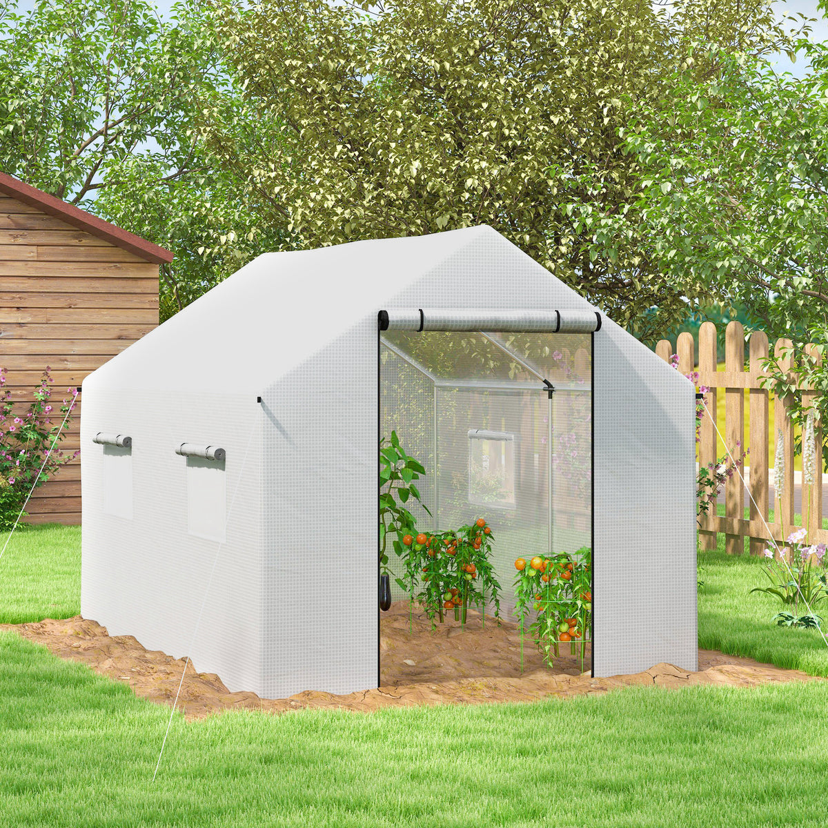 Invernadero de jardín tipo túnel 2 x 3 m, 6 m² con puerta enrollable, 4 ventanas, - Acero galvanizado PE Alta densidad Blanco