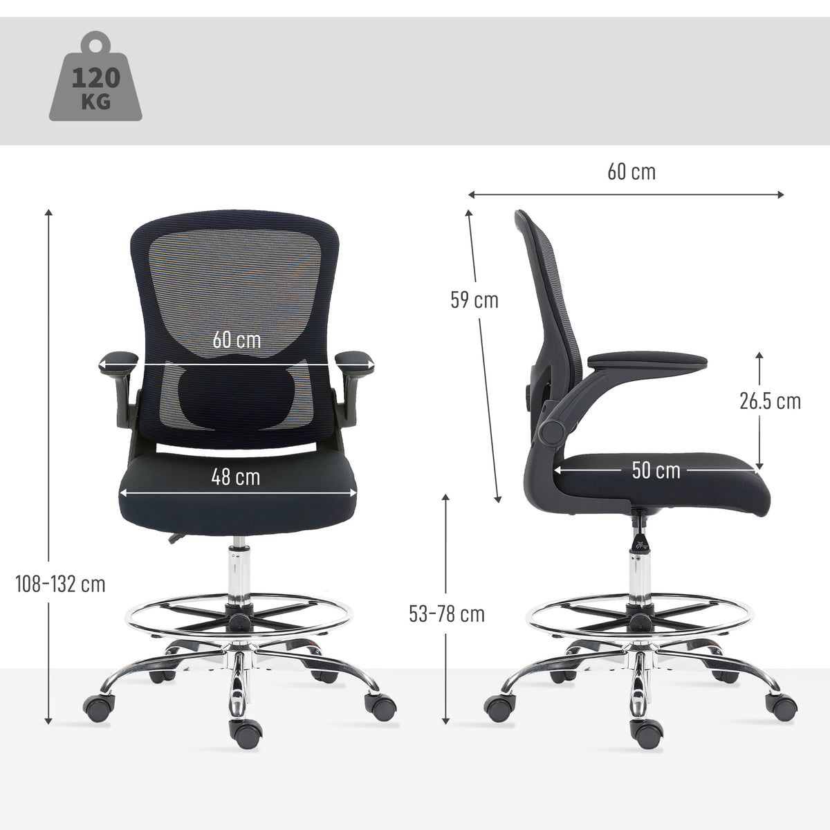 Chaise bureau ergonomique, chaise de dessin, support lombaire 4D, accoudoirs relevables, 60 x 60 x 108-132 cm, noir