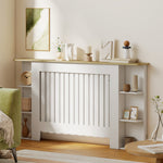 Cache-radiateur avec étagères de rangement ouvertes, couvercle de radiateur en bois à lattes, 152x19x83cm, blanc