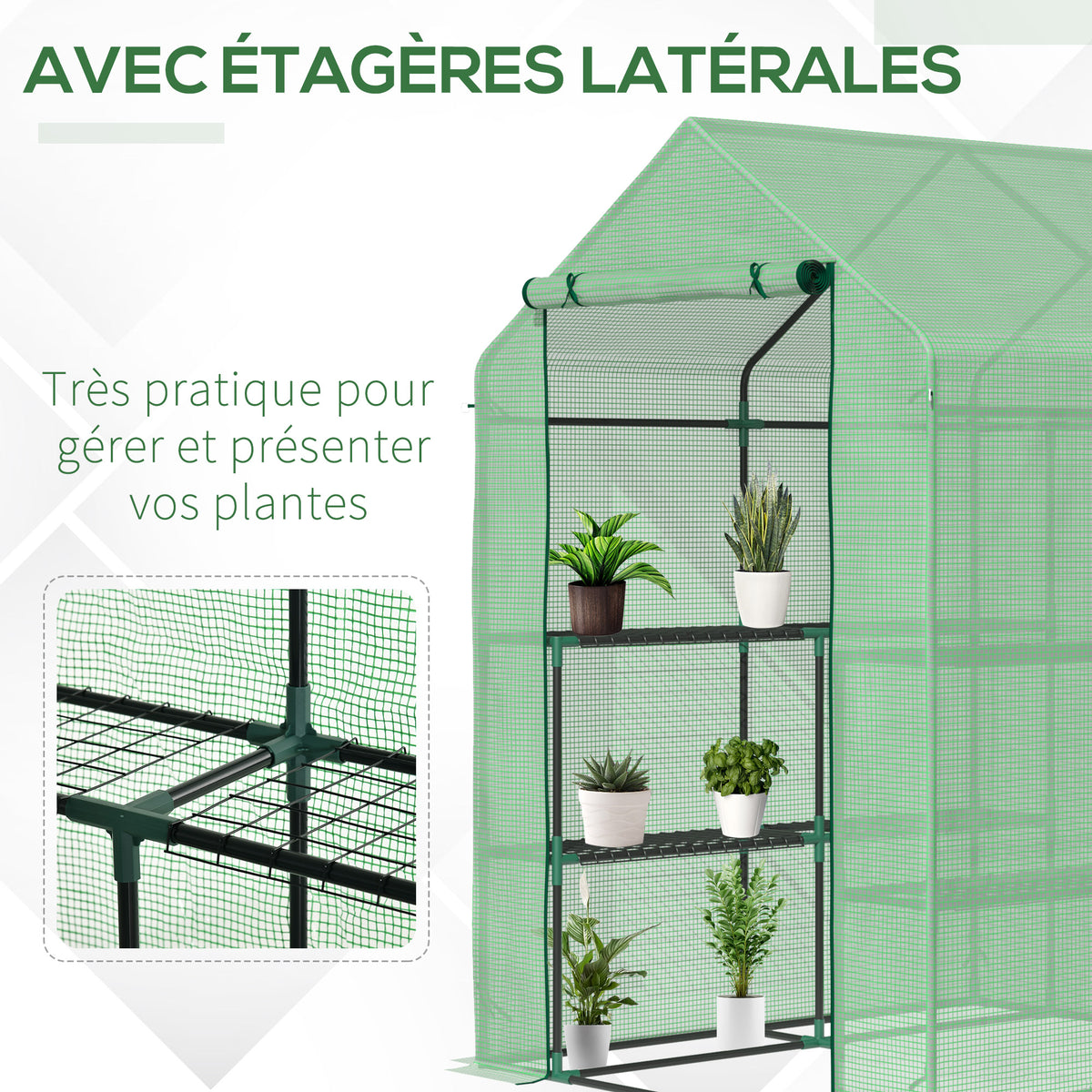 Serre de Jardin avec Étagères 3 Niveaux, Petite Serre de Balcon en Bâche PE 140 g/㎡ Renforcée 143 x 138 x 190 cm, Vert