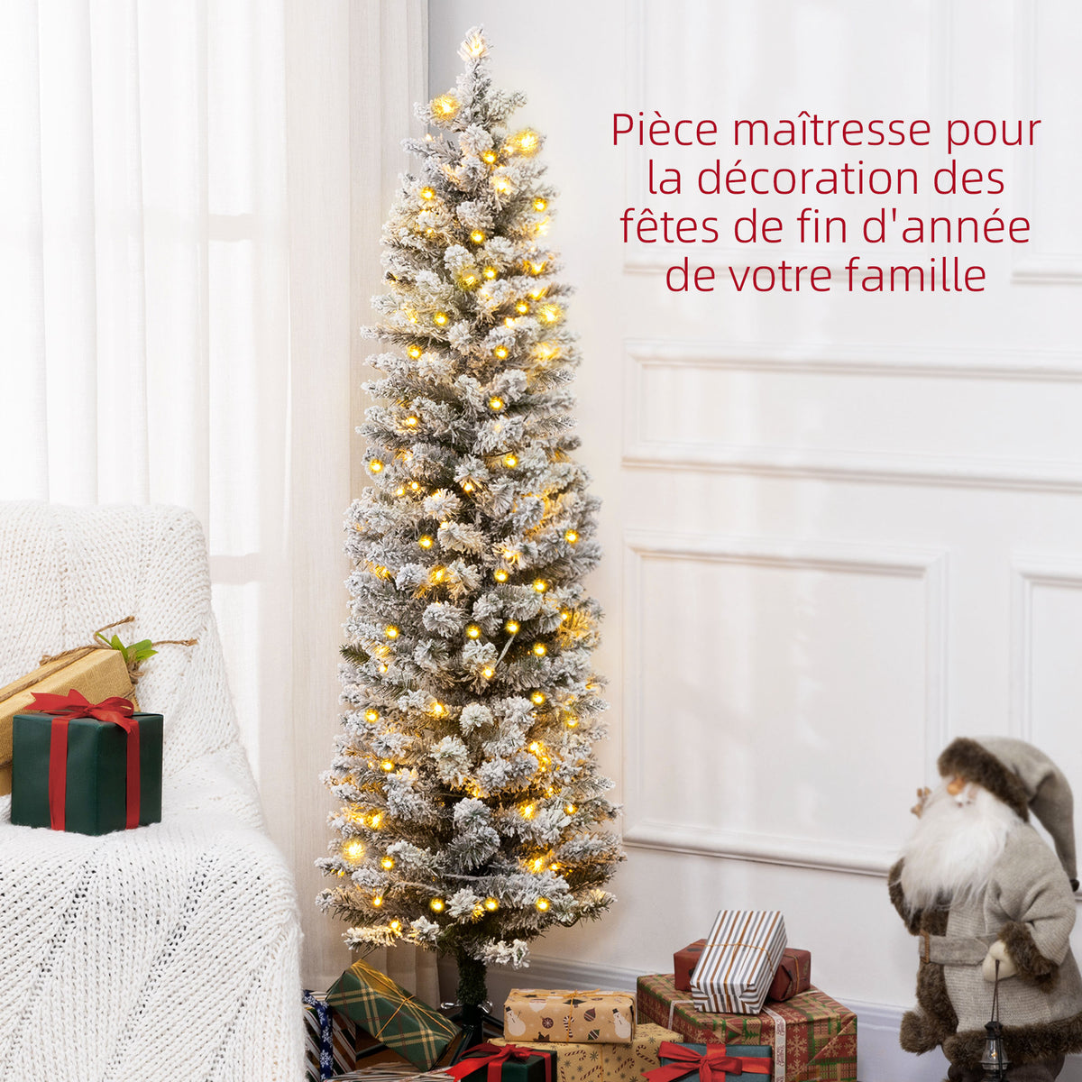 Sapin de Noël artificiel 150 cm avec éclairage LED blanc chaud, 263 branches enneigées, base en métal, réaliste et fin