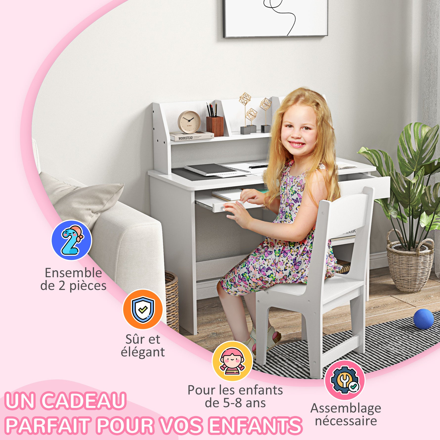 Bureau enfant avec chaise ergonomique avec clavier coulissant tiroir niches et étagères ouvertes 90 x 45 x 90 cm blanc