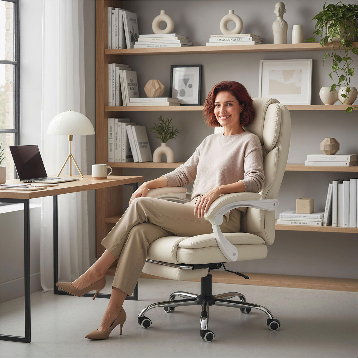 Chaise bureau ergonomique, fauteuil de bureau avec dossier inclinable, hauteur réglable, 64x73x112-120cm, beige