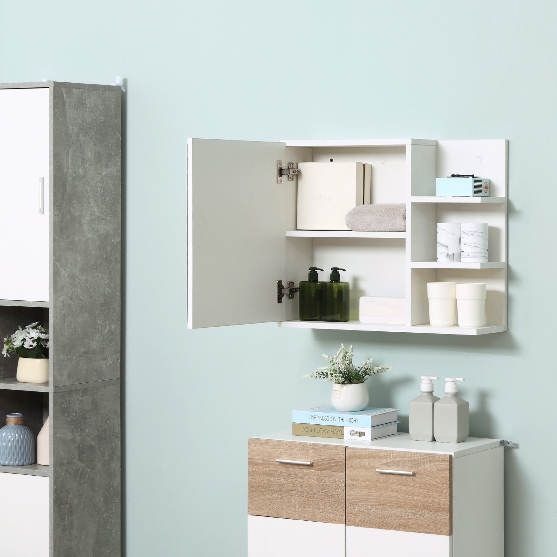 Armoire Miroir de Salle de Bain avec étagère 3 étagères latérales kit Installation Murale fourni en Bois Aspect Blanc