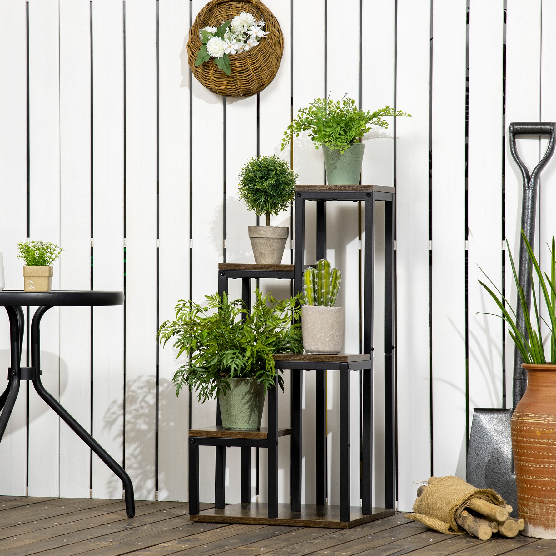 Support pour plantes étagère à fleurs 4 étagères différentes hauteurs structure acier 40 x 40 x 81 cm noir