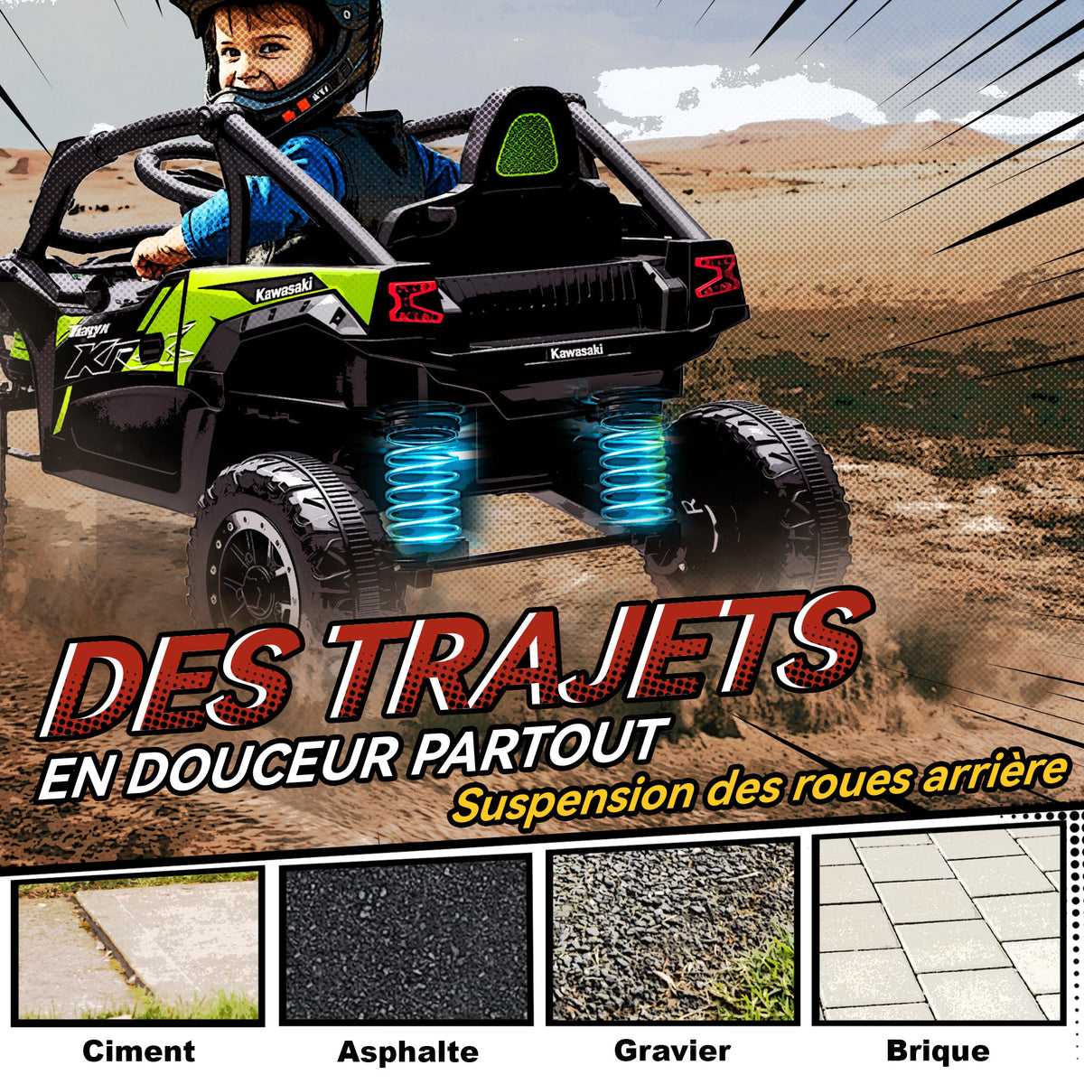 Voiture électrique enfant UTV KAWASAKI TERYX KRX 1000 12 V à 2 moteurs 25 W télécommande 2,4 Ghz 100 x 64 x 56 cm noir