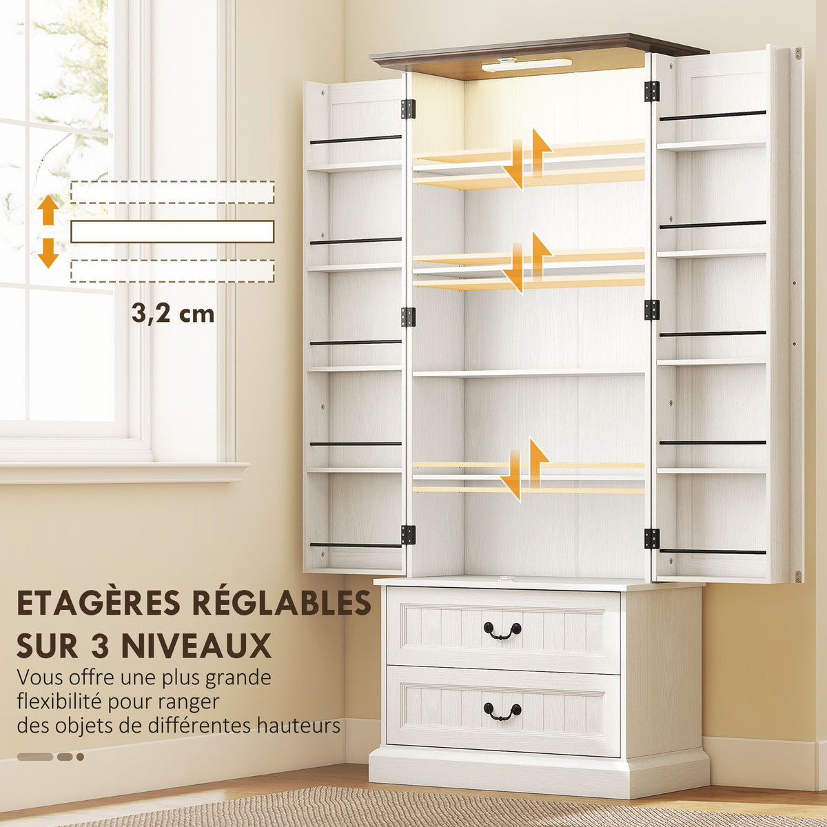 Buffet haut cuisine, armoire de cuisine, LED à capteur, 2 portes, tiroirs et étagères réglables, 76x39,5x183cm, blanc