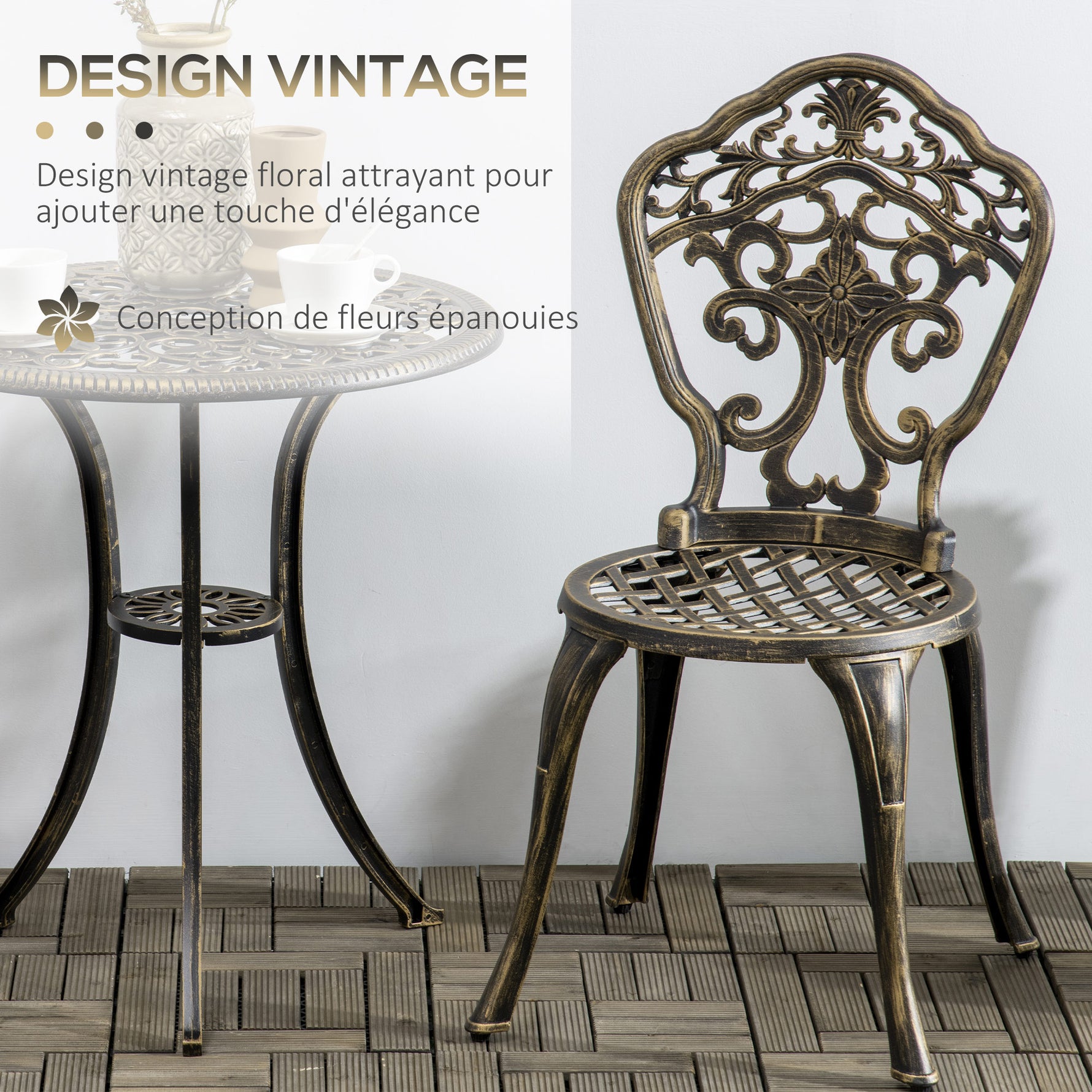 Ensemble bistrot pour jardin en aluminium salon de jardin 3 pièces 2 chaises + table ronde imitation fer forgé