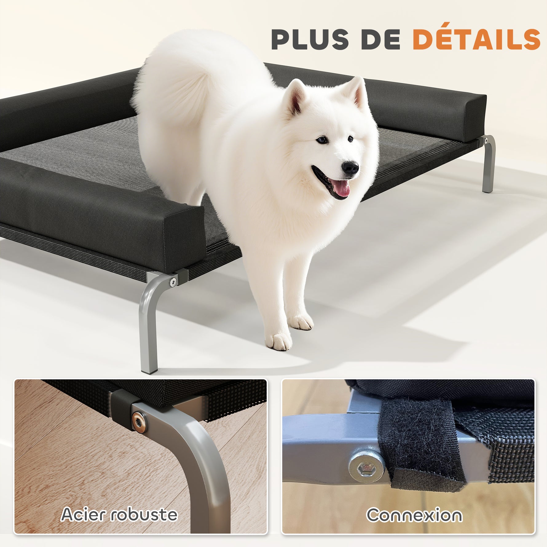 Lit surélevé pour chien rafraichissant, lit de camp pour chiens intérieur extérieur portable, 130 x 90 x 30 cm, noir
