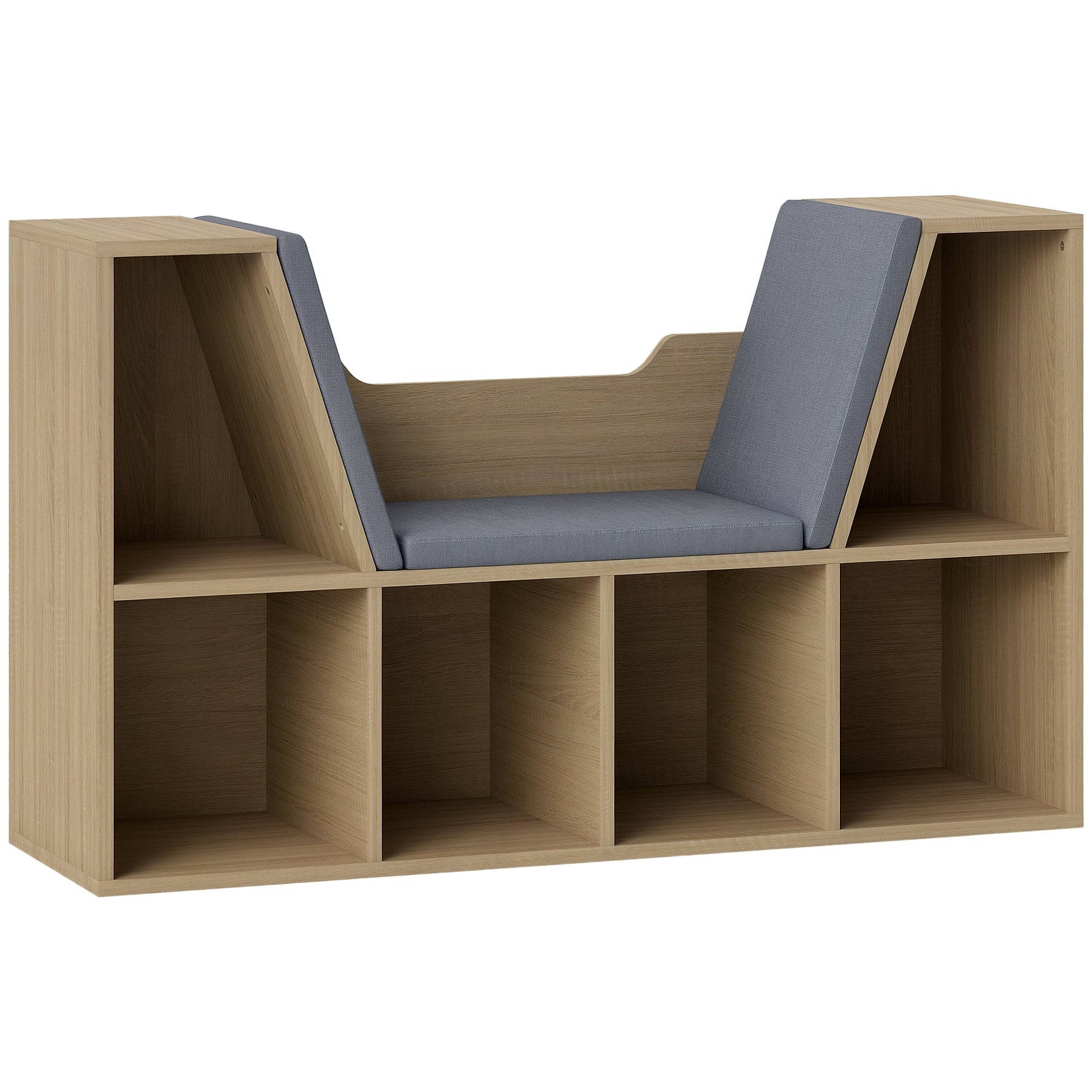 Bibliothèque Banc 2 en 1 Design Contemporain 6 casiers 3 Coussins fournis 102L x 30l x 61H cm Chêne Gris