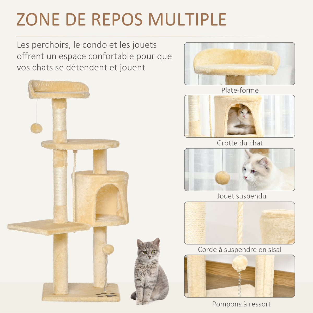 Arbre à chats multi-équipements griffoirs grattoirs plateformes niche corde jouets 40L x 40l x 114H cm beige