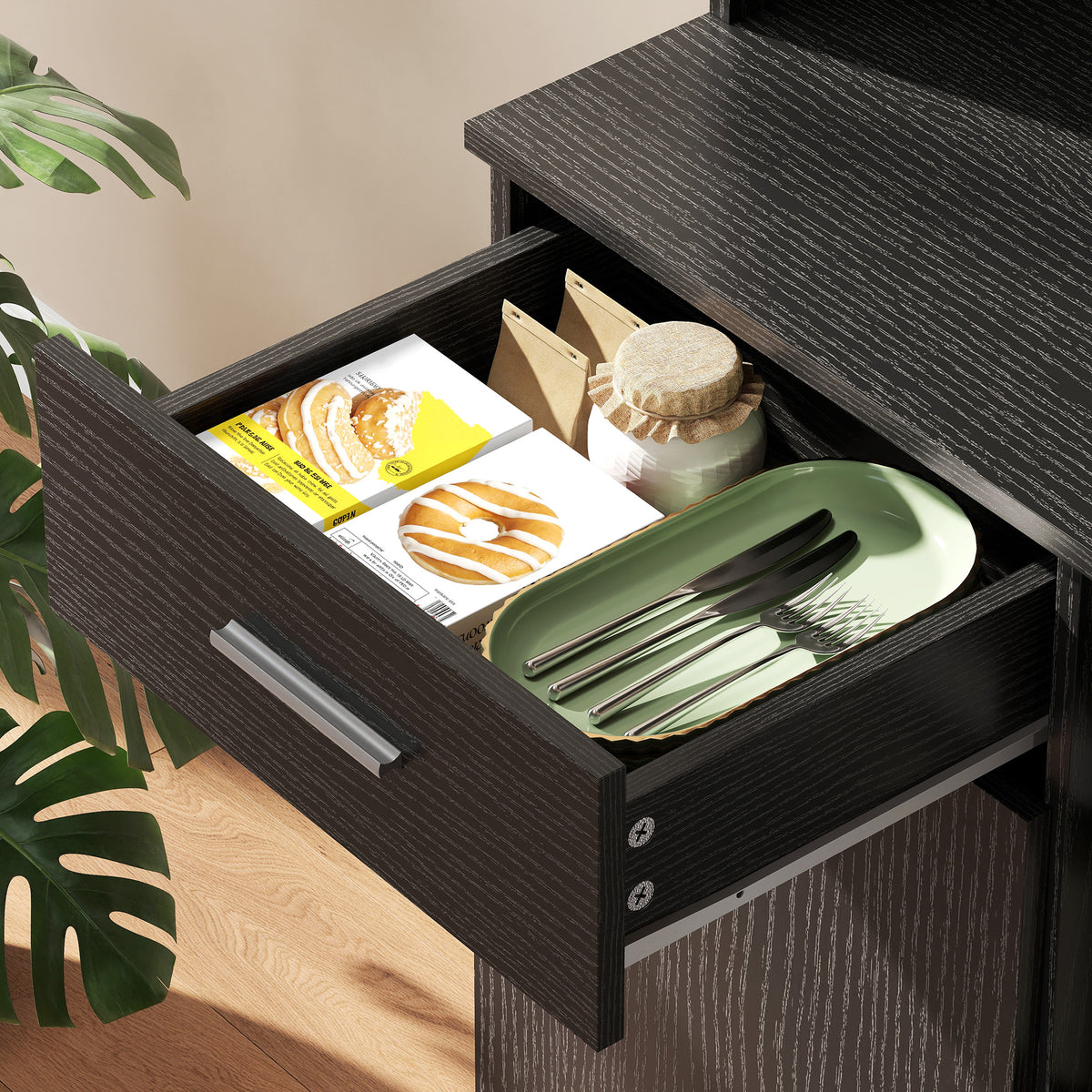 Buffet Haut Cuisine, Armoire de Cuisine avec 4 Portes à Fermeture Douce, Tiroir et Étagères Réglables, Noir