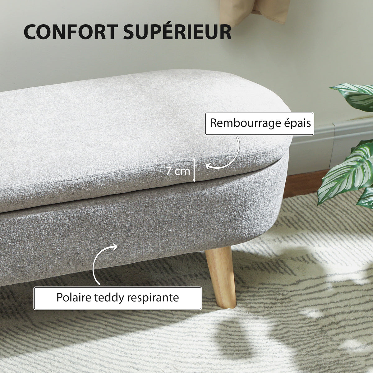 Banc banquette bout de lit coffre de rangement 2 en 1 en tissu avec pieds en bois 110l x 40P x 43H cm gris clair