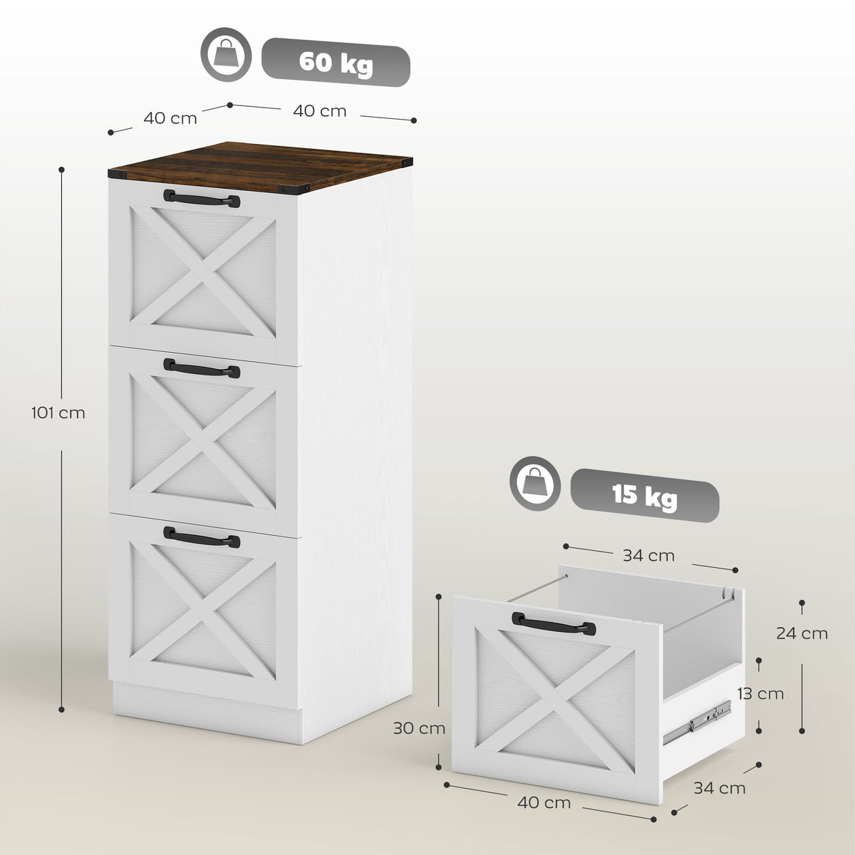 Cassettiera da ufficio con 3 cassetti, cartelle sospese per formati Lettera/A4, stile rustico, 40x40x101 cm, bianco