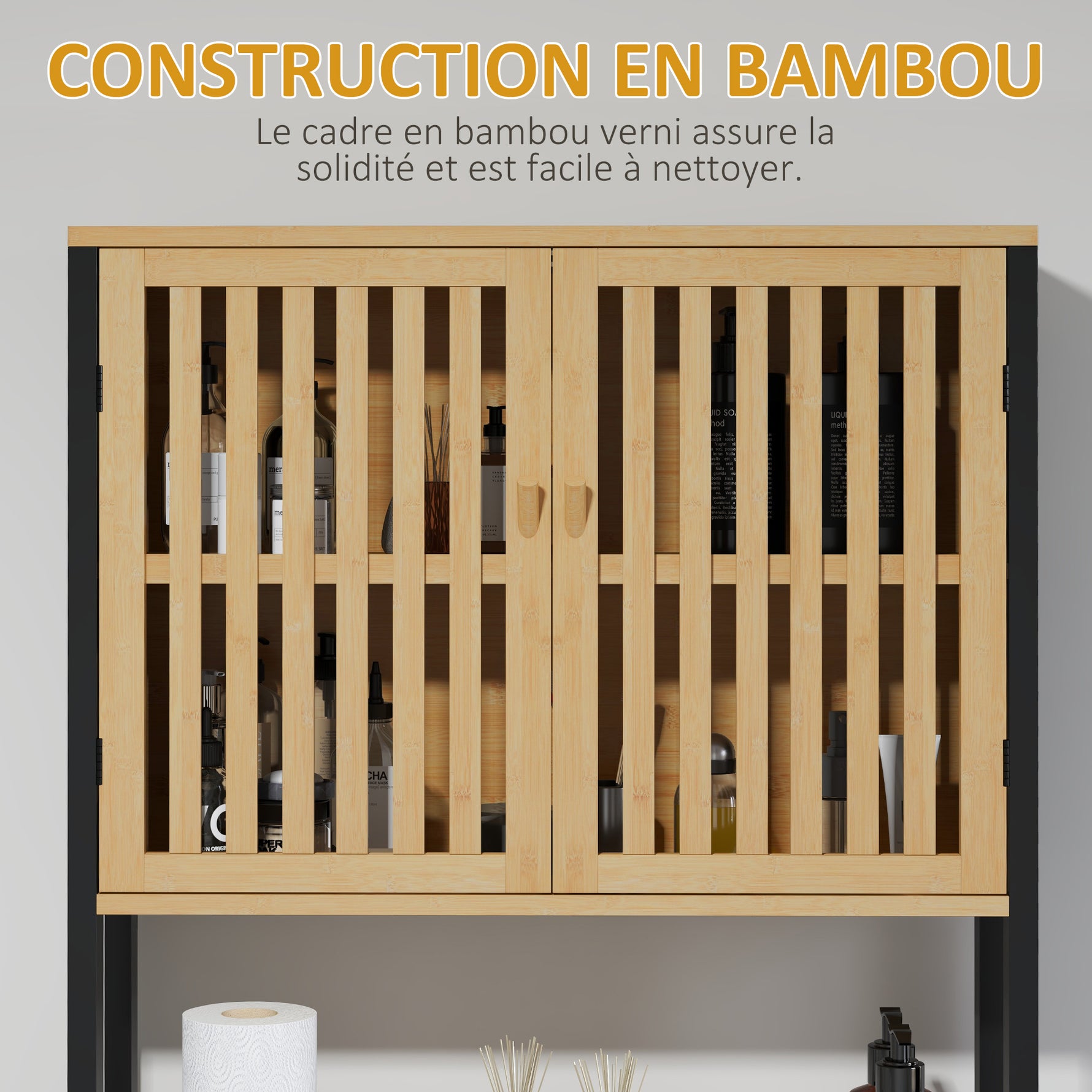 Étagère de toilettes meuble de salle de bain dessus toilette WC avec placard 2 portes et étagère ouverte bambou