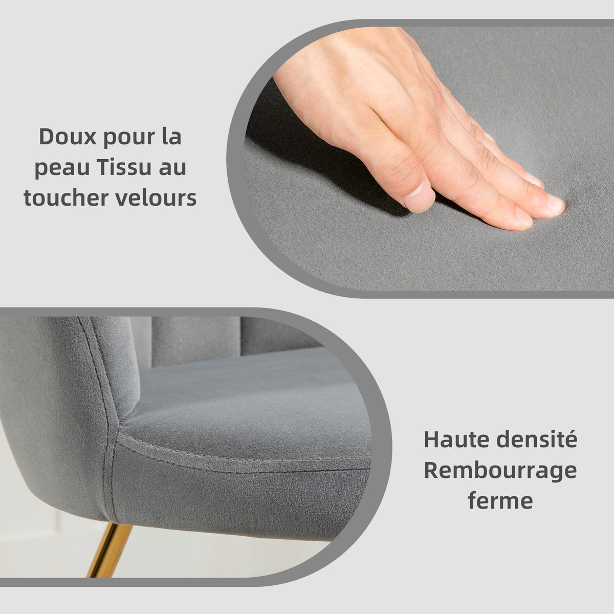 Fauteuil coquillage chaise coiffeuse fauteuil en velours fauteuil de salon avec pieds en acier 69 x 64 x 80 cm gris