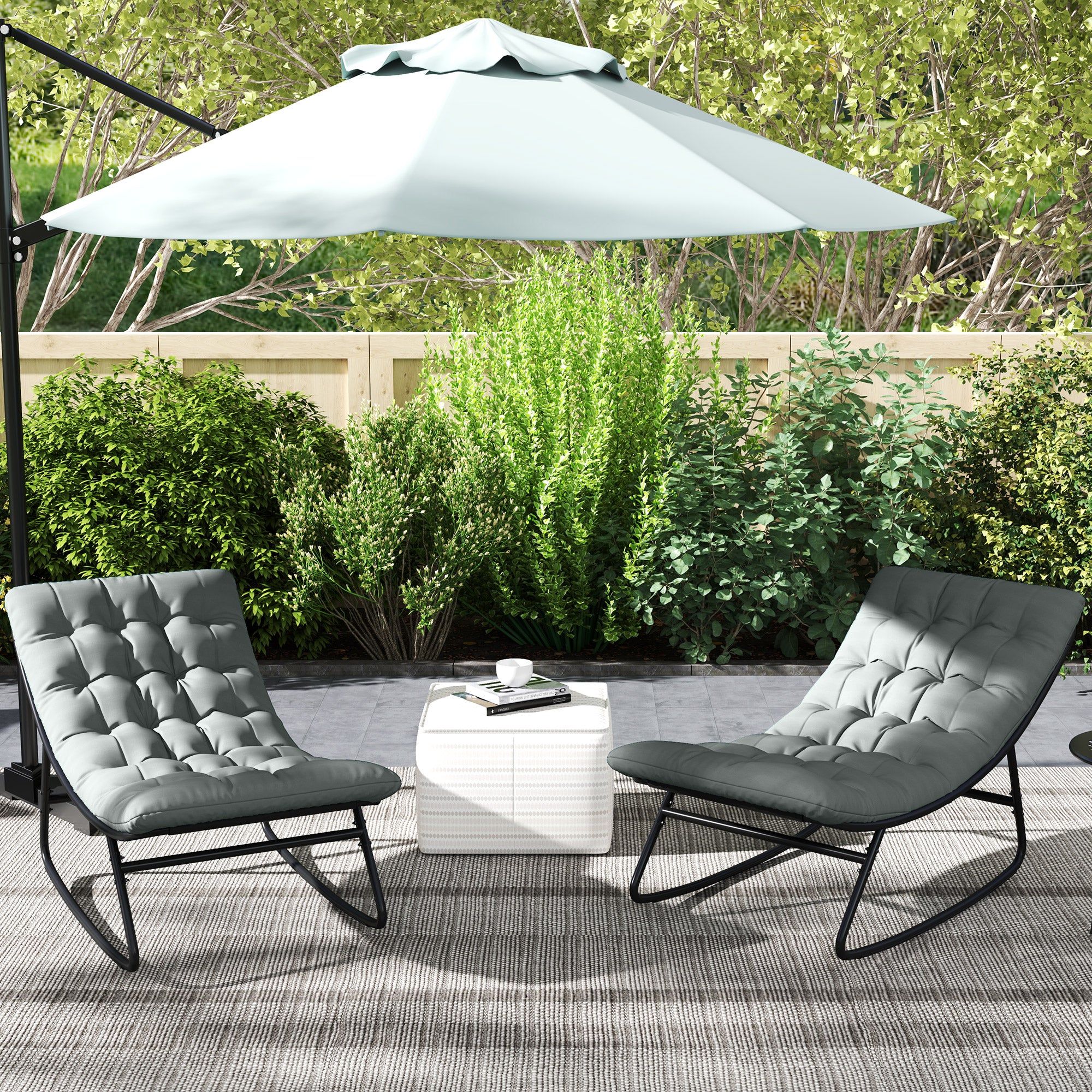 Set of 2 outdoor rocking chairs with thick cushions, breathable textilene fabric seat and steel frame, gray