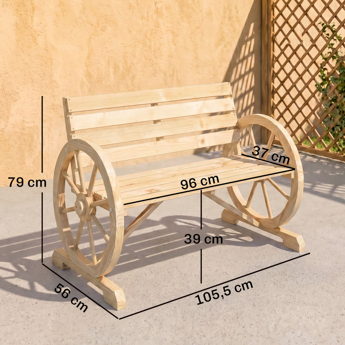 Banc de Jardin banc 3 places en bois Style Rustique Chic accoudoirs Roues Charette Bois Sapin effet bois naturel