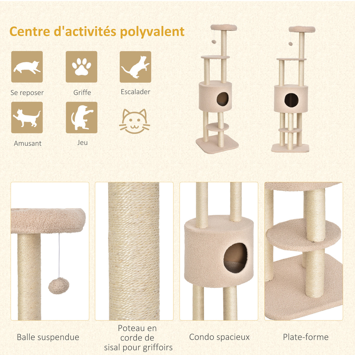Krabpaal met krabplank, klimboom voor katten, kattenhuis en platforms, pluche met hoge dichtheid, 148 cm, beige