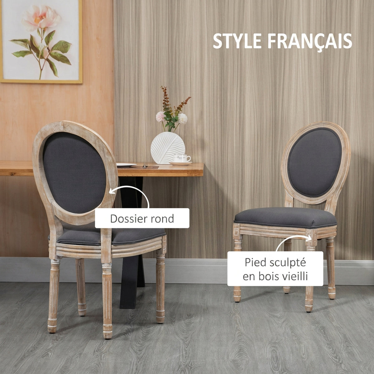 Lot de 2 Chaises de Salle à Manger, Chaises Médaillon Style Louis XVI, Assise et Dossier Rembourrés en Effet Lin, Gris