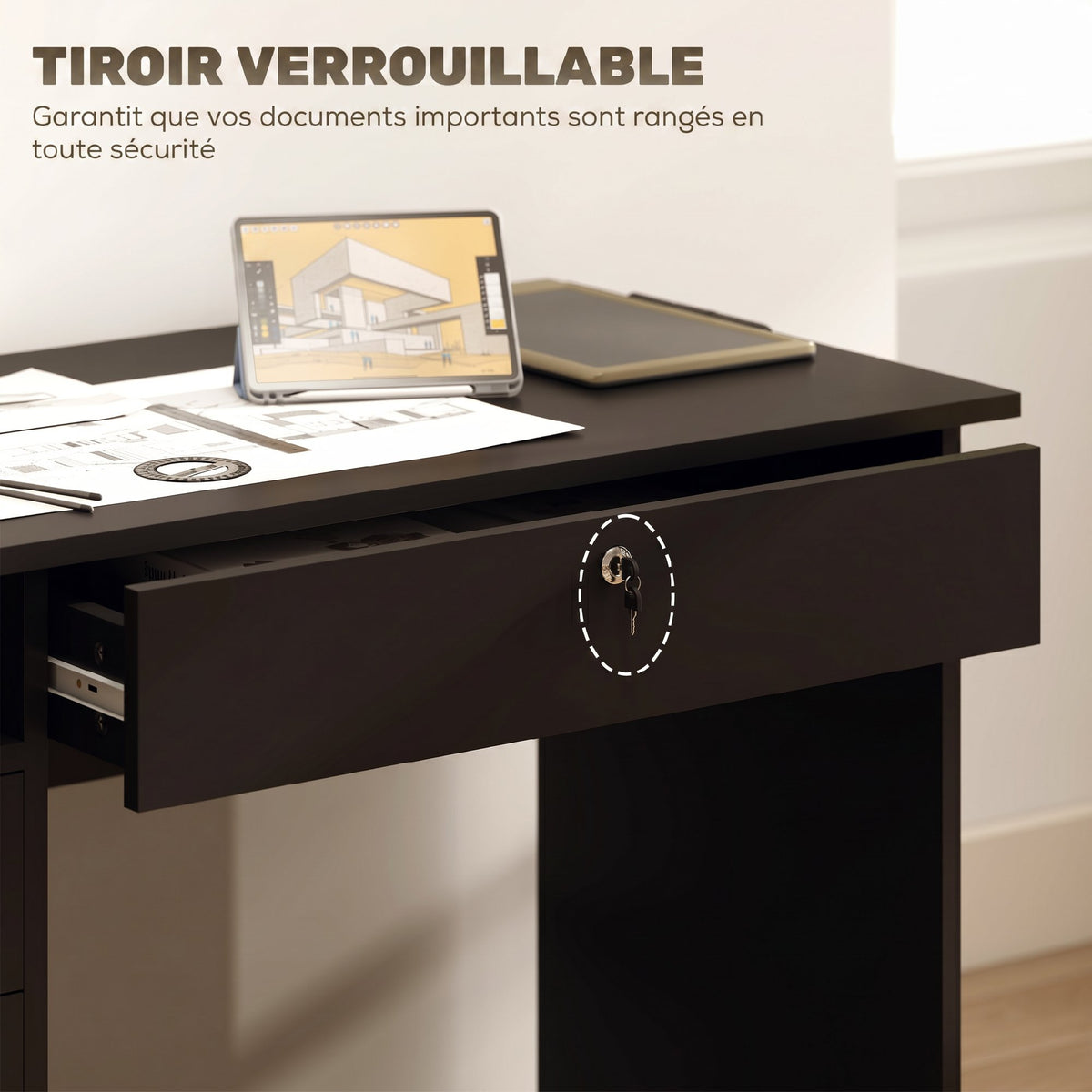 Bureau moderne avec 5 tiroirs, grand plateau, 1 compartiment ouvert, tiroir verrouillable, 110 x 50 x 76cm, noir