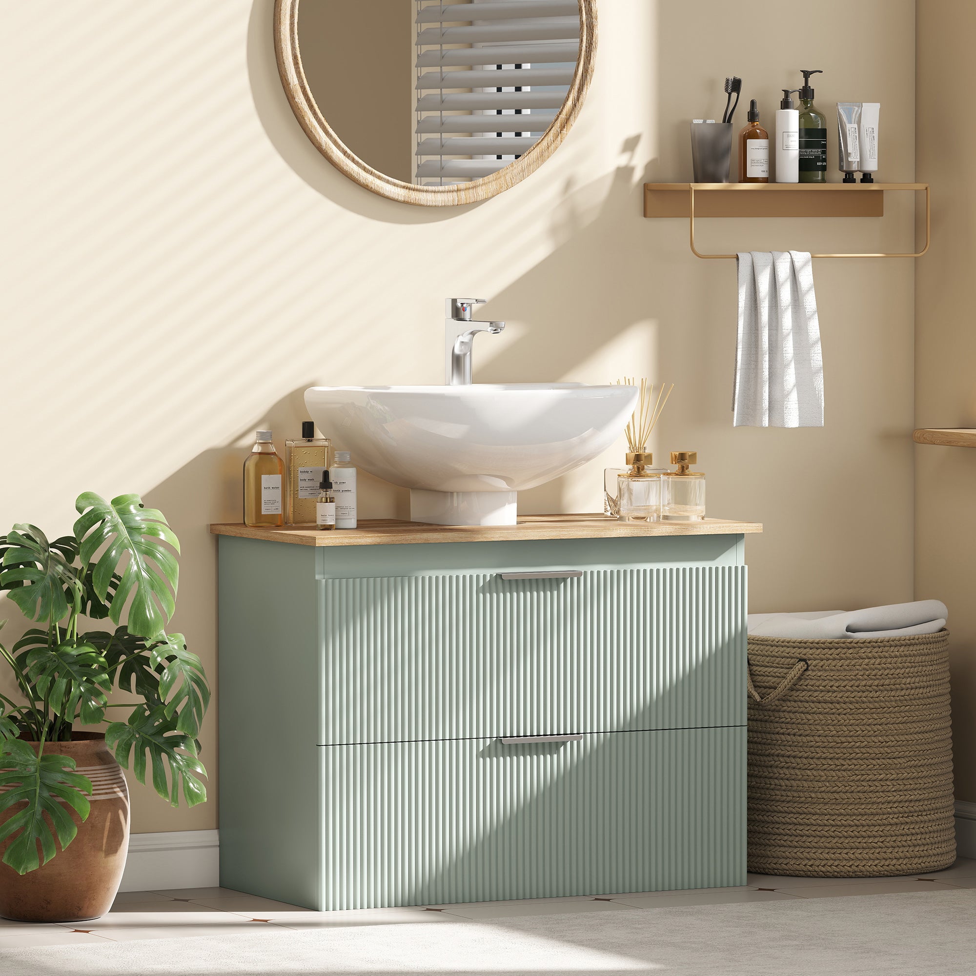 Meuble sous lavabo, meuble de salle de bain avec 2 tiroirs, style moderne, 80 x 40 x 60 cm, vert et bois naturel