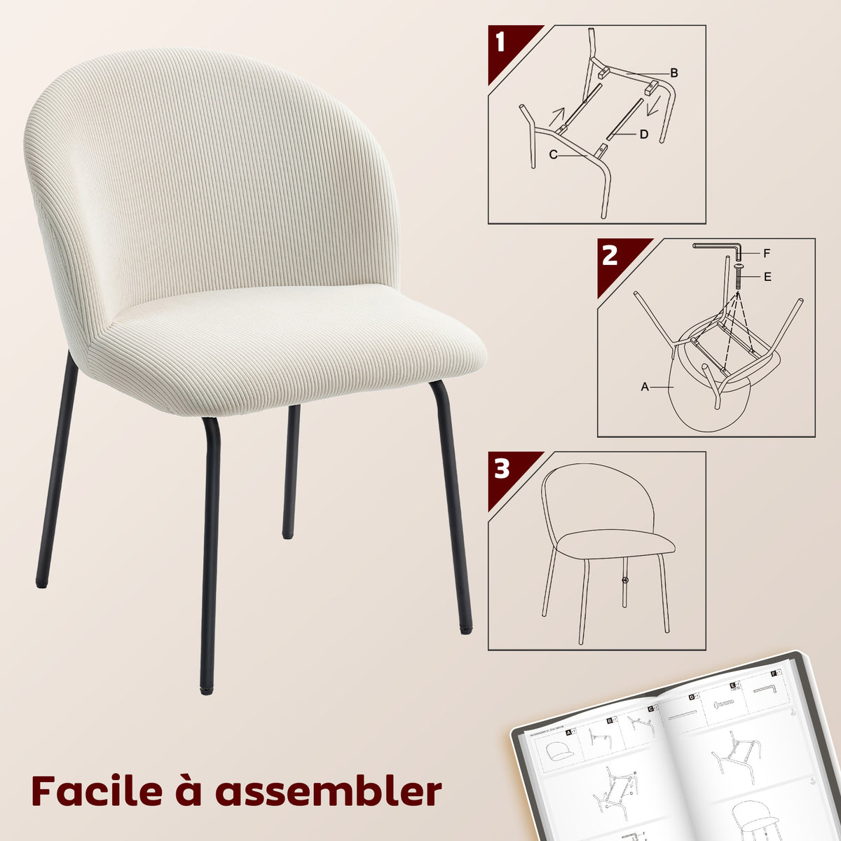 Lot de 2 chaises de salle à manger en velours côtelé, chaises de cuisine avec pieds en acier, 56x58x78cm, crème