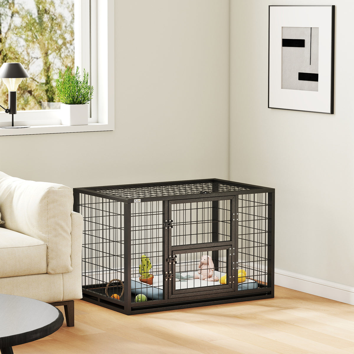 Jaula para perro resistente, caseta para interior con techo abatible y puerta de alimentación, acero, 94 x 60 x 64 cm, negro