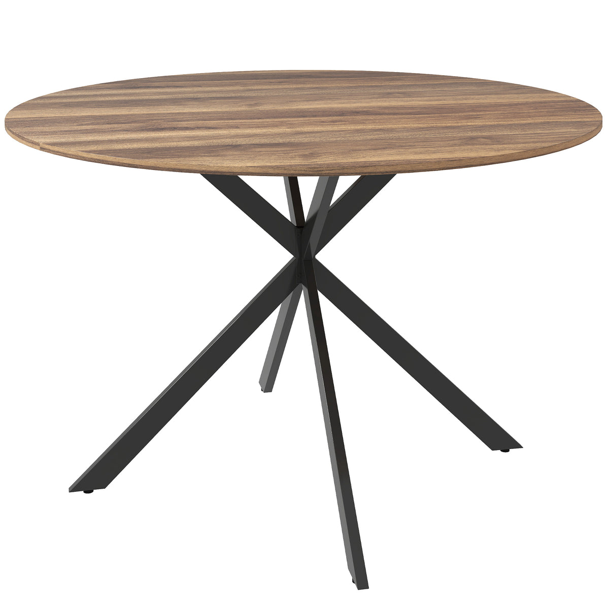 Table à manger ronde pour 4 personnes 120 cm style industriel avec plateau aspect bois, piètement croisé en acier, marron
