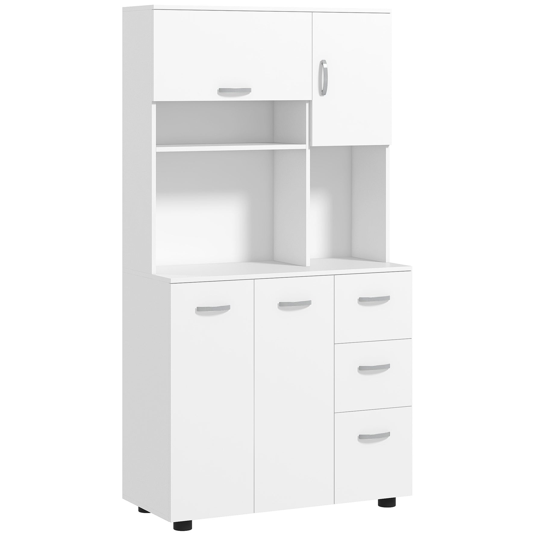 Armoire de cuisine multi-rangements 4 portes 3 tiroirs étagère + grand plateau 89L x 39,5l x 168H cm blanc
