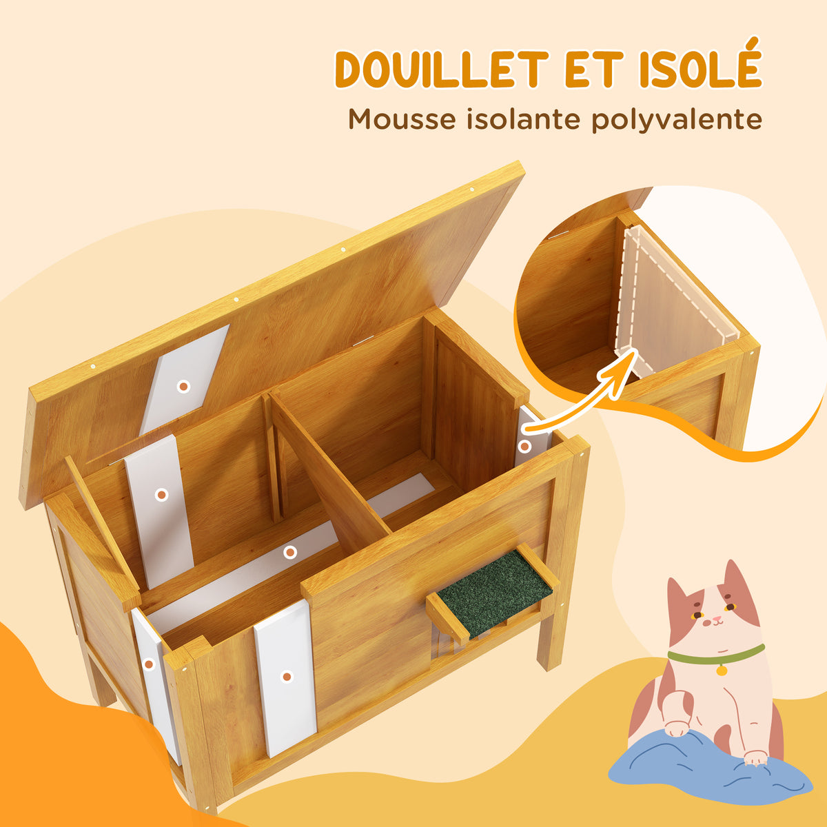 Verhoogd houten buitenkattenhuis met openslaand dak, geïsoleerd, 85 x 50 x 68,5 cm, naturel groen