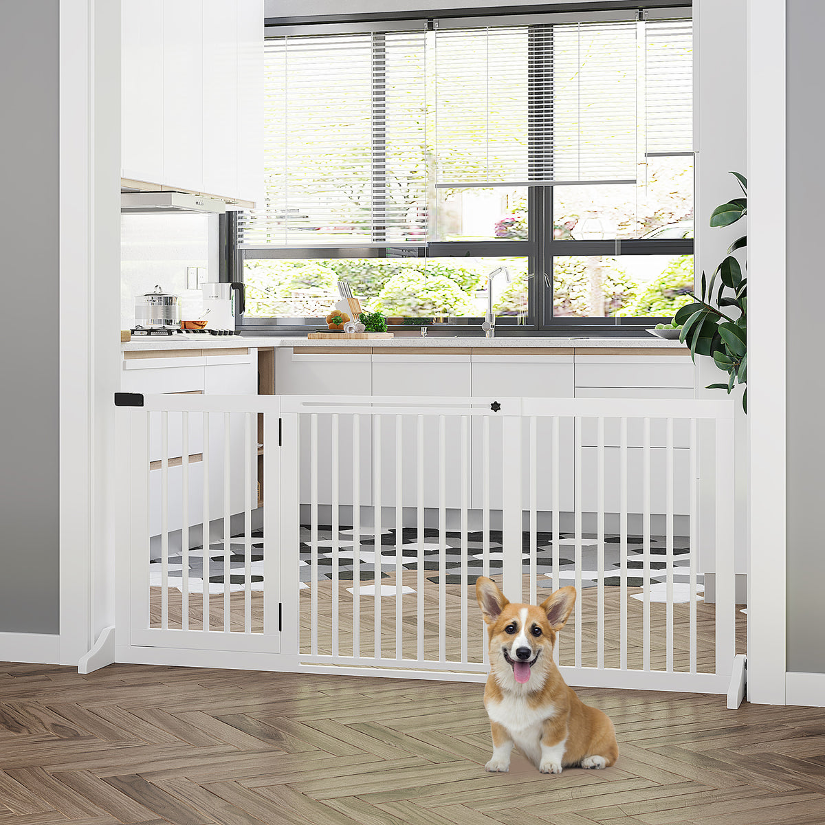 Dog safety gate, freestanding gate, adjustable length, built-in lockable door, dim. 113-166L x 36W x 71H cm, white pine