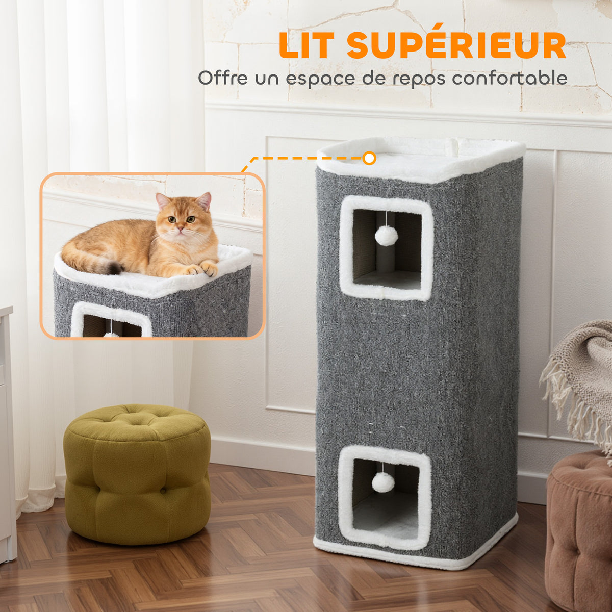 Tour pour chat 4 niveaux, arbre à chat stable boules de jeu plateforme supérieure bord en peluche, 41x 41 x 100 cm, gris