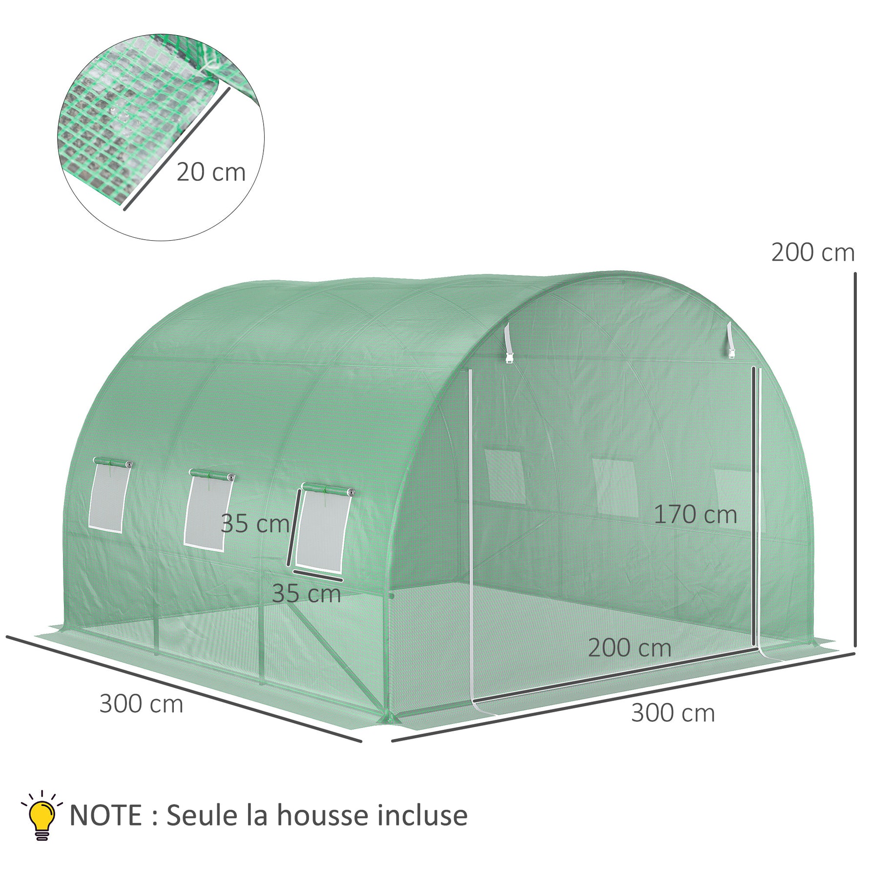 Bâche de Rechange Serre Tunnel 9 m², bâche 3 x 3 x 2 m PE Anti-UV imperméable 6 fenêtres + Porte Enroulable zippée Vert foncé