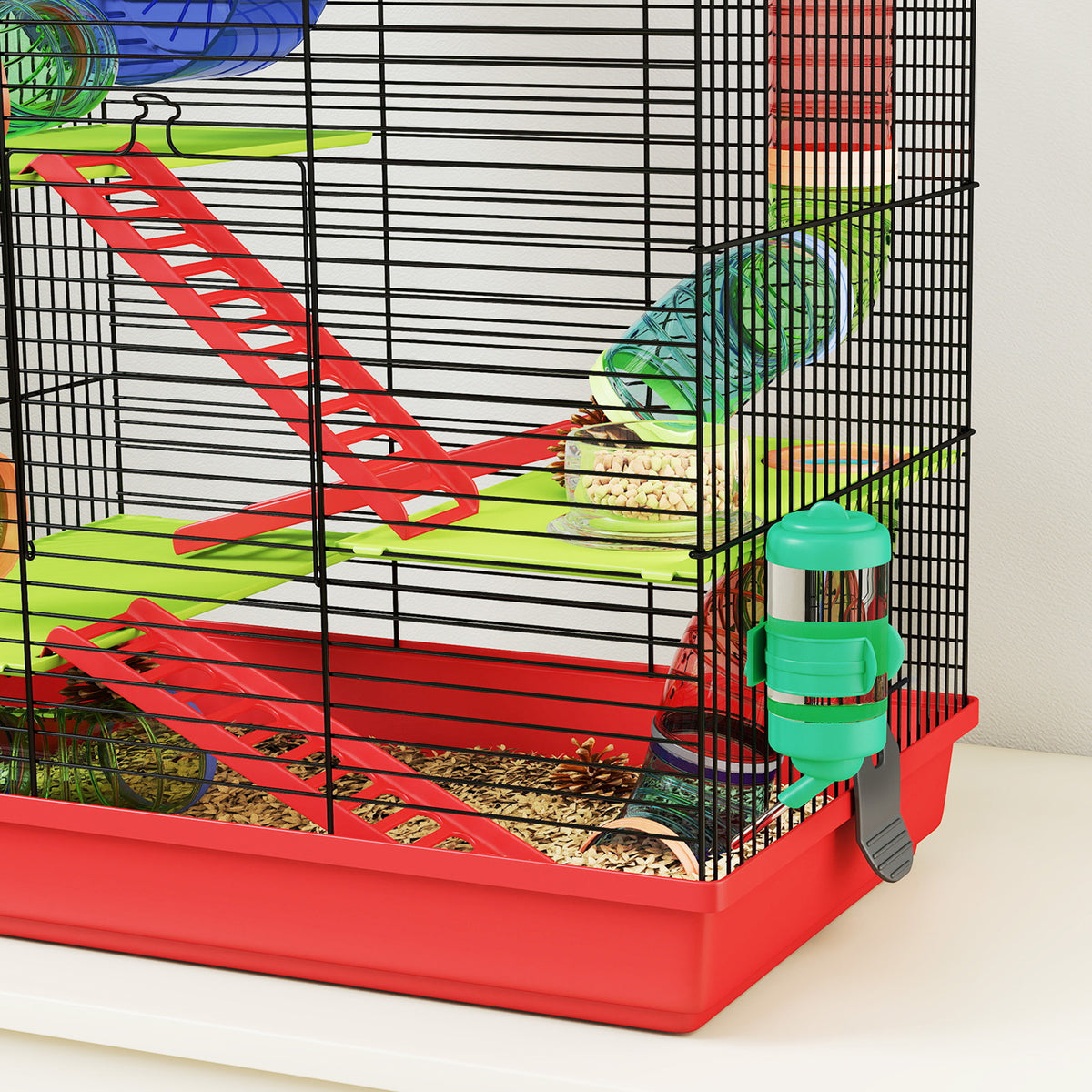 Cage pour hamster souris petit animaux rongeur avec tunnel mangeoire roue jouet 47 x 30 x 59 cm rouge