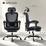 Chaise bureau ergonomique, fauteuil de bureau en maille avec appuie-tête réglable, support lombaire, 64x64x124cm, noir