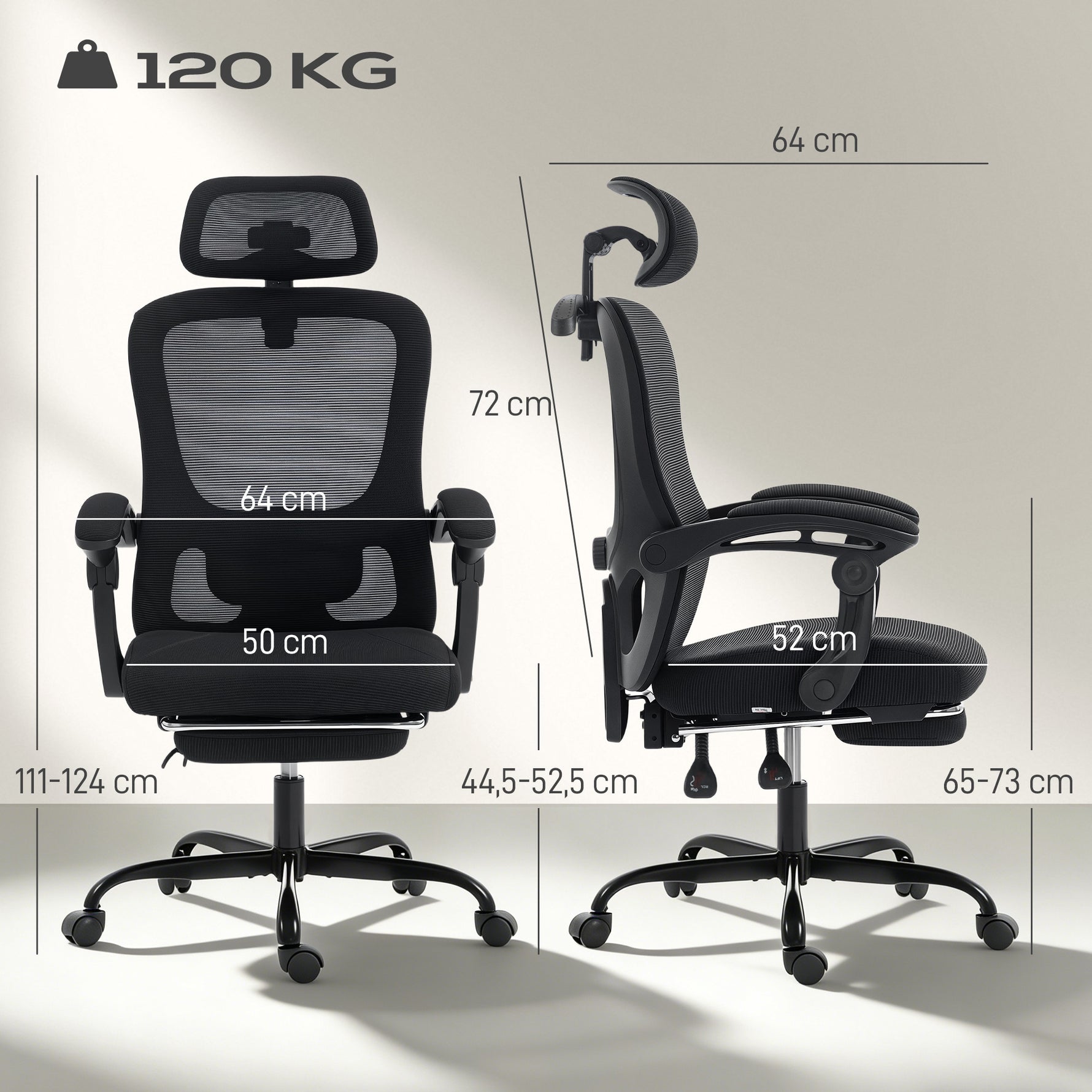 Chaise bureau ergonomique, fauteuil de bureau en maille avec appuie-tête réglable, support lombaire, 64x64x124cm, noir