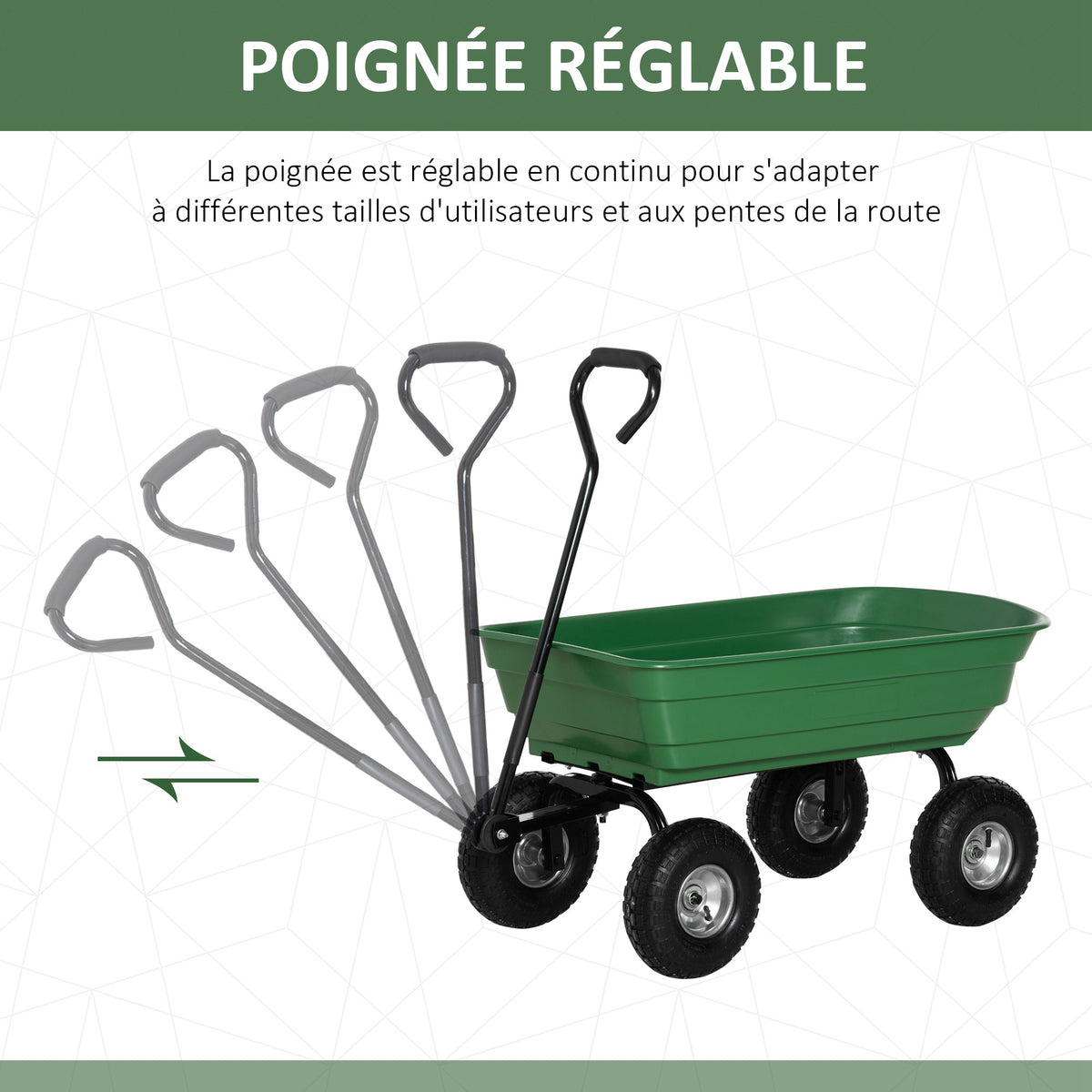 Chariot de Jardin 100L Charge 250 kg, 4 Roues pneumatiques Remorque à Main pour Extérieur 108 x 52 x 100 cm Acier vert