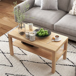 Tavolino da salotto, tavolino d'appoggio rettangolare a 2 livelli con ripiano portaoggetti, 90x45x44,5 cm, legno naturale