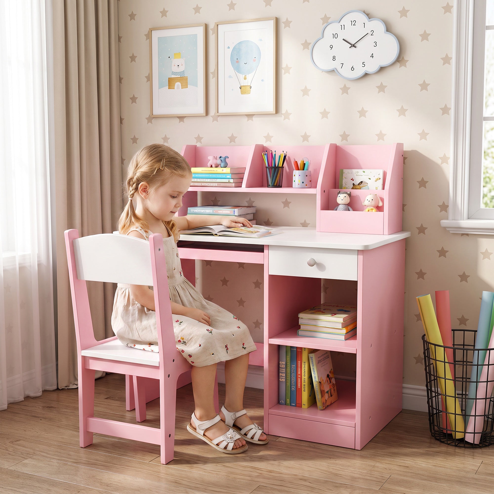 Scrivania per bambini con sedia ergonomica, tastiera estraibile, cassetto, vani a giorno e scaffali, 90 x 45 x 90 cm, rosa