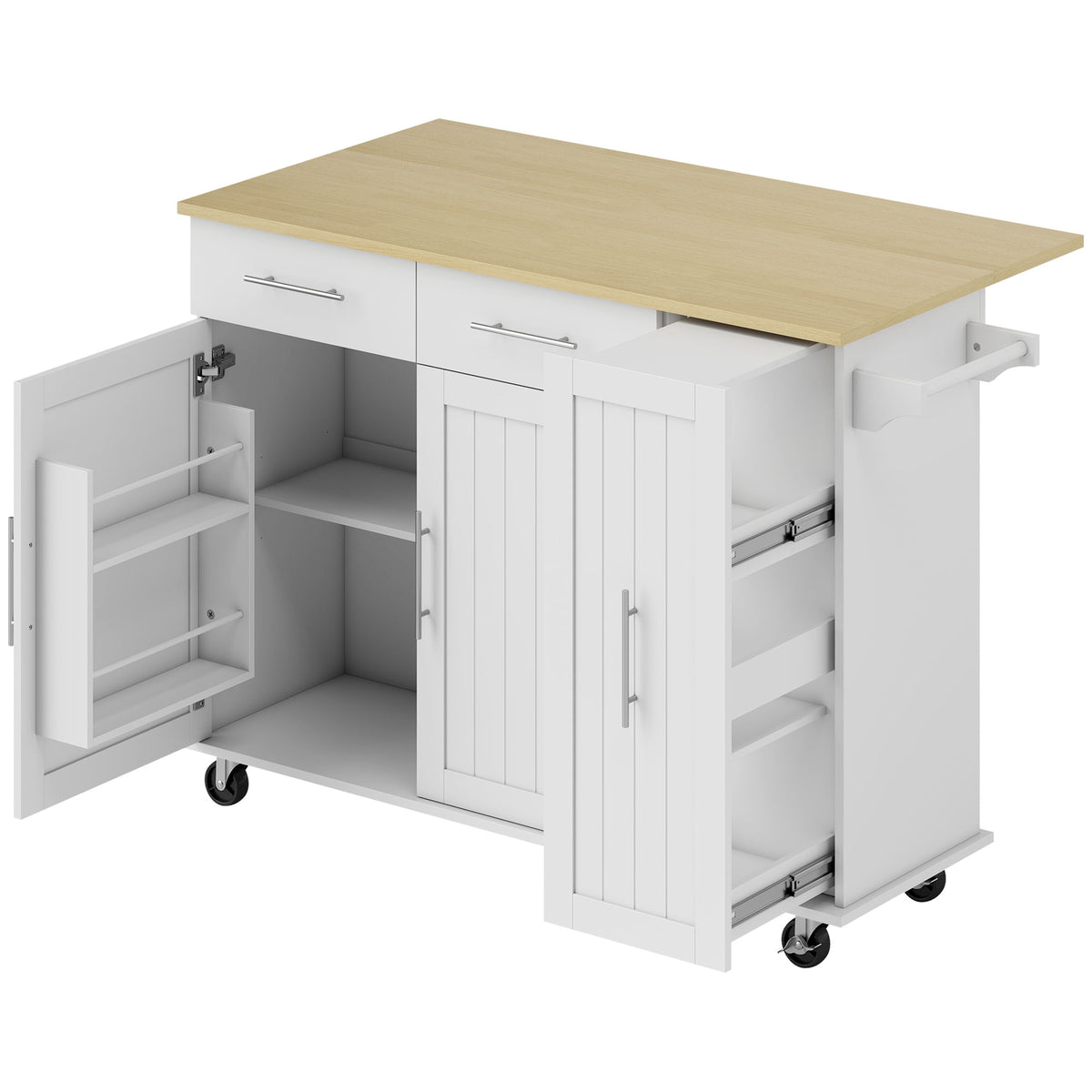 Îlot Central Cuisine avec Plateau Rabattable, Roulettes, 2 Tiroirs, Portes à Fermeture Douce, Porte-Serviettes, Blanc