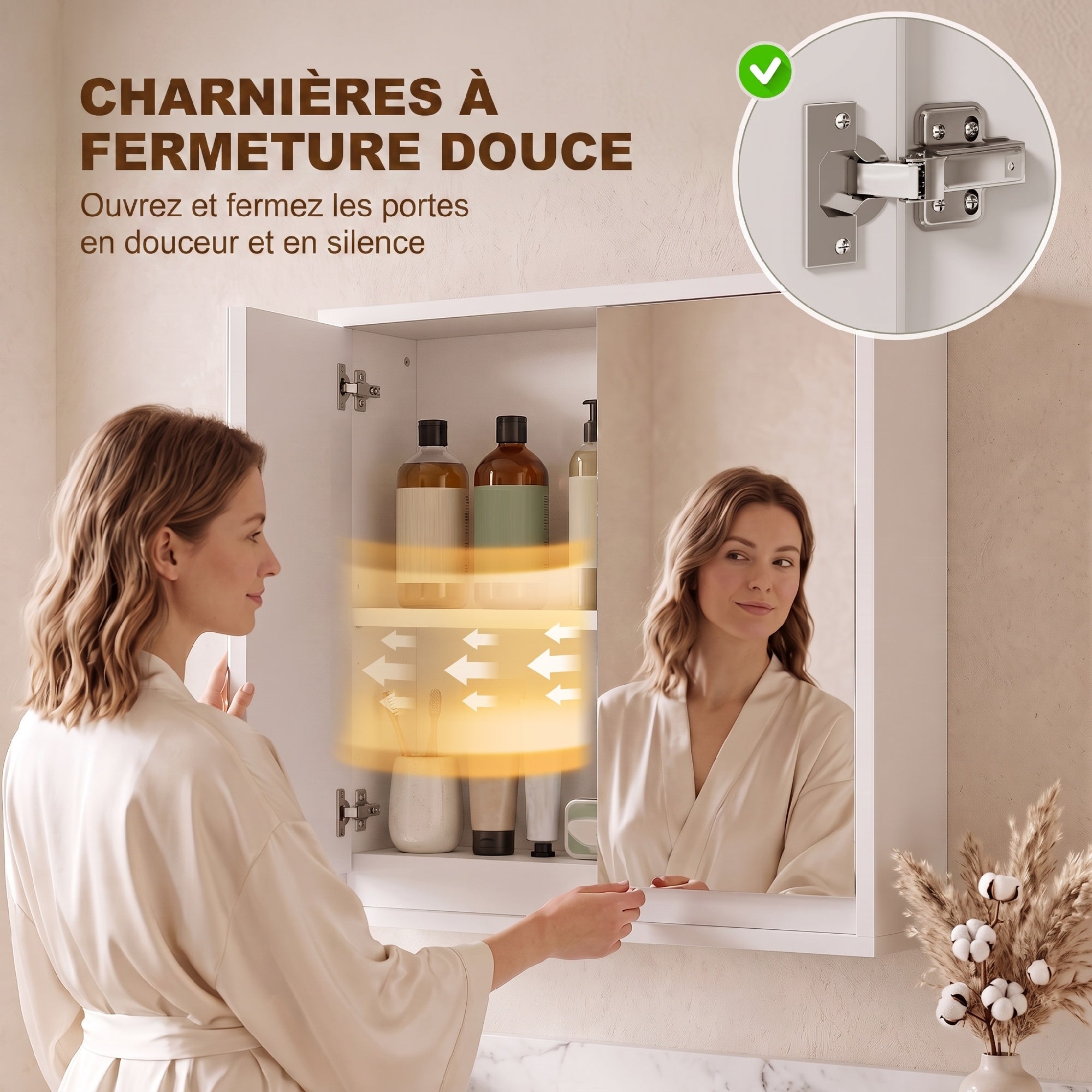 Armoire Murale Miroir Salle de Bain 2 étagères dim. 48L x 14l x 45H cm Panneaux Particules MDF Blanc