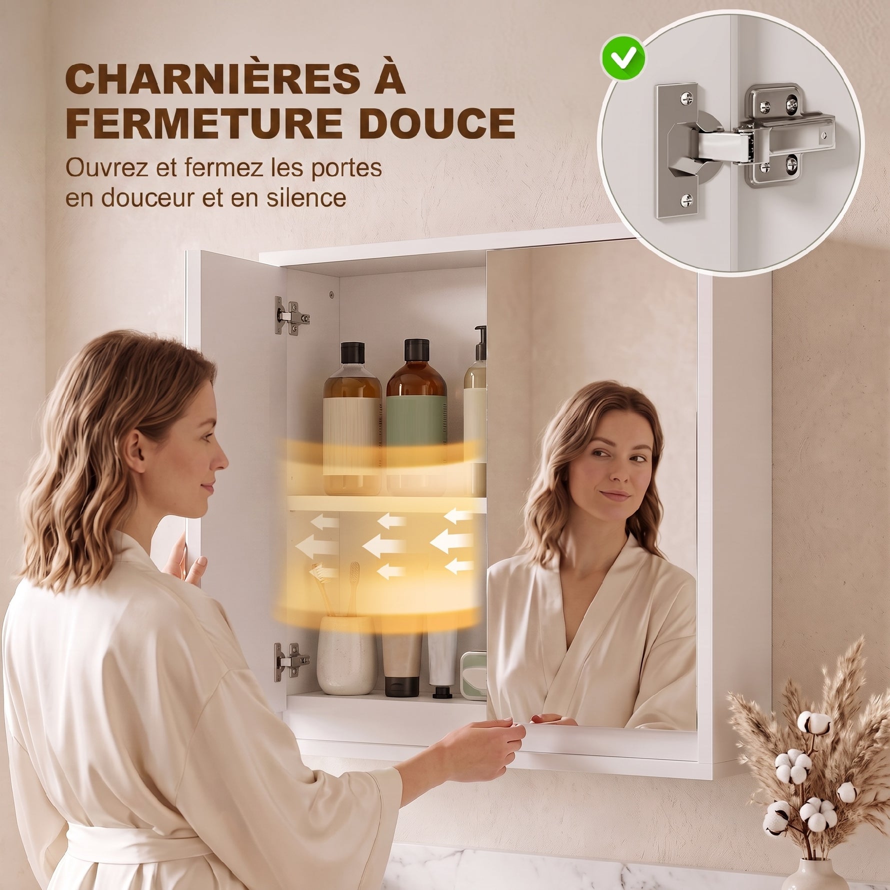 Armoire Murale Miroir Salle de Bain 2 étagères dim. 48L x 14l x 45H cm Panneaux Particules MDF Blanc