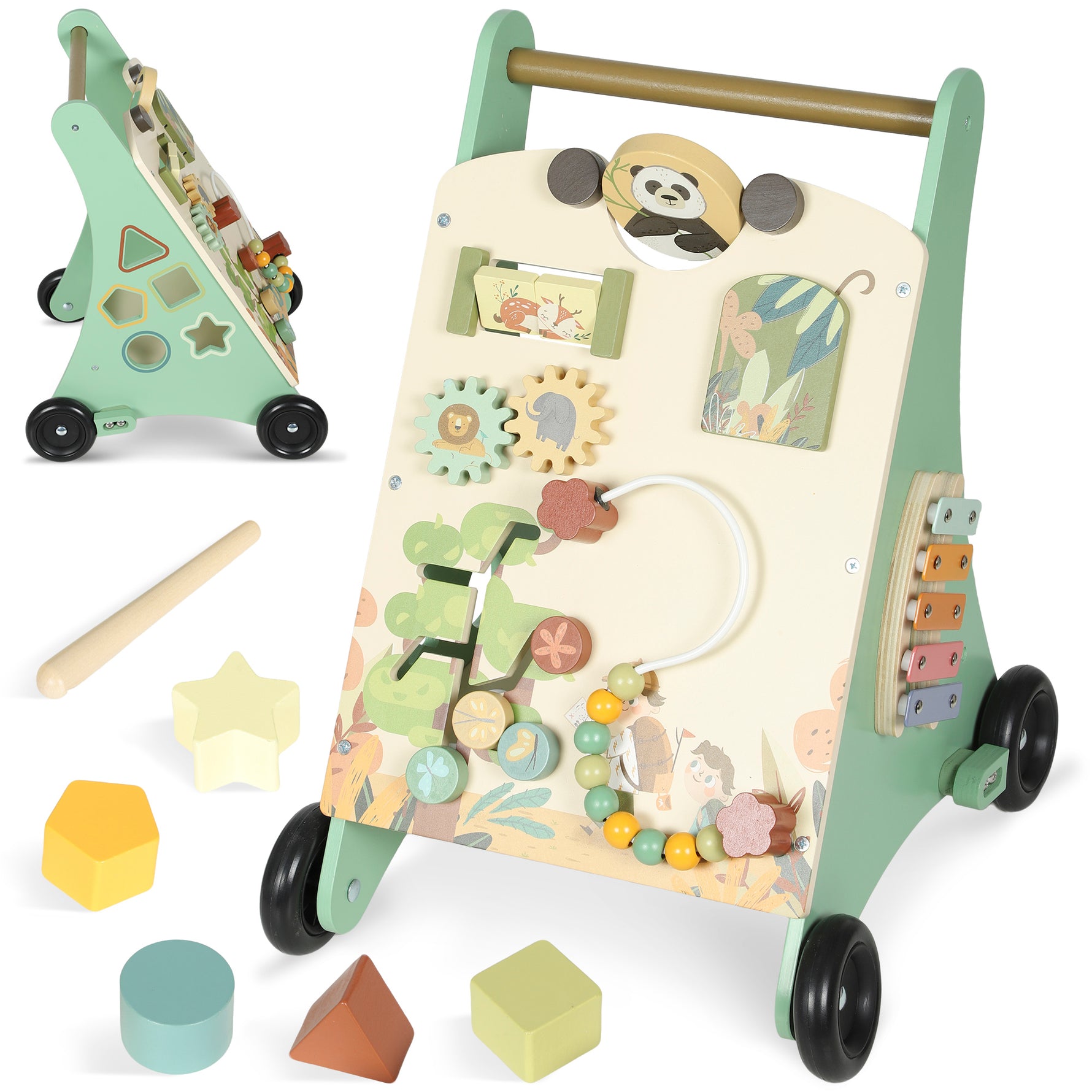 Trotteur en bois pour bébé 18+ mois, chariot de marche, contrôle de vitesse, centre d'activités, 33,5x36x46,8cm, vert