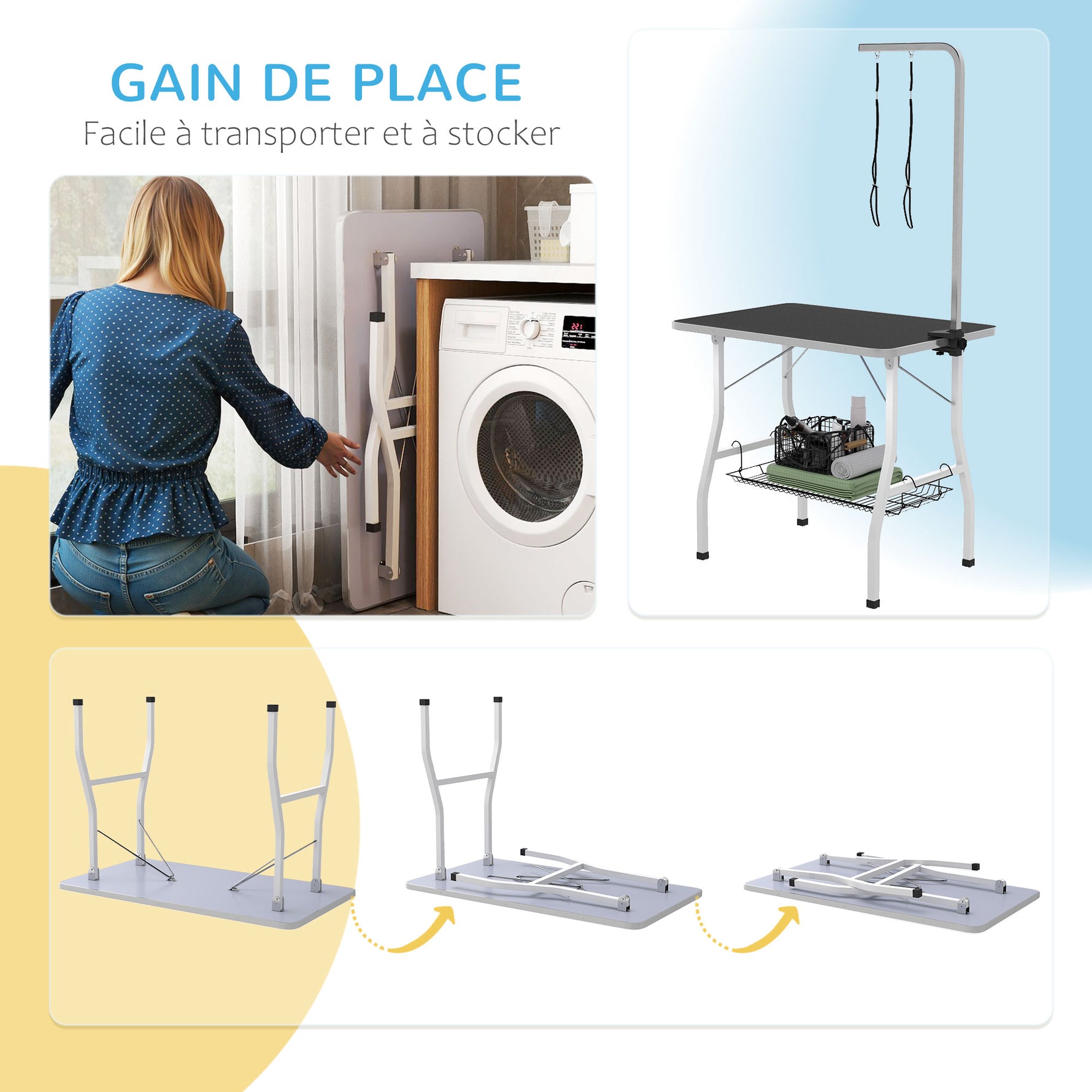 Table de toilettage pour chien pliante plateau antidérapant en caoutchouc avec 2 sangles 90 x 60 x 76 cm noir