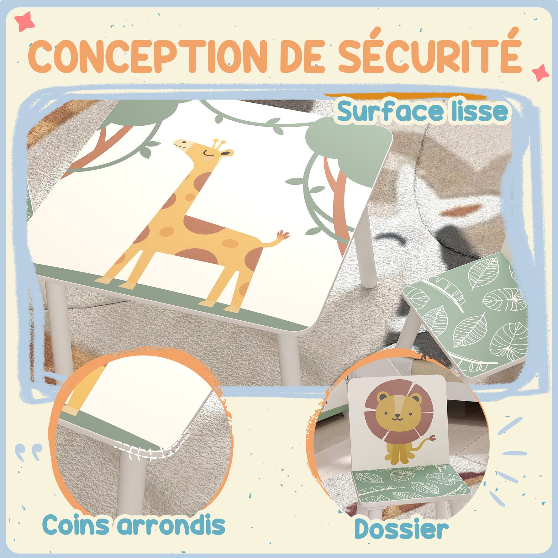 Table enfant avec chaise, ensemble table et 2 chaises enfant en bois, motifs animaux, 60 x 60 x 44 cm, vert