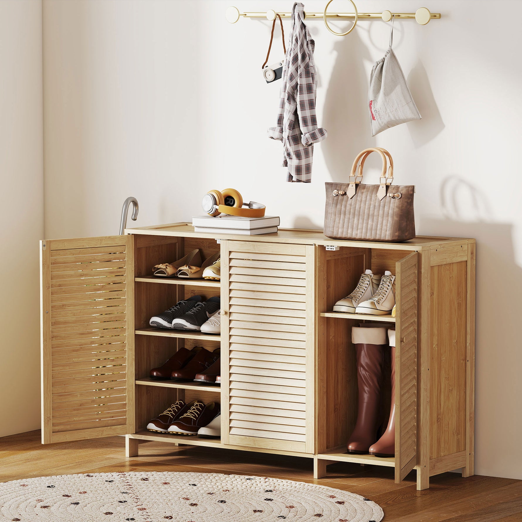 Meuble à chaussures en bambou 18 paires, armoire à chaussures avec portes persiennes et étagères réglables, bois naturel