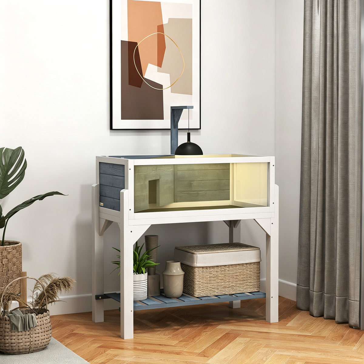 Maison pour tortues terrarium tortue terrestre sur pieds 2 zones toit ouvrant zone interactive 84,5 x 47,5 x 90 cm gris