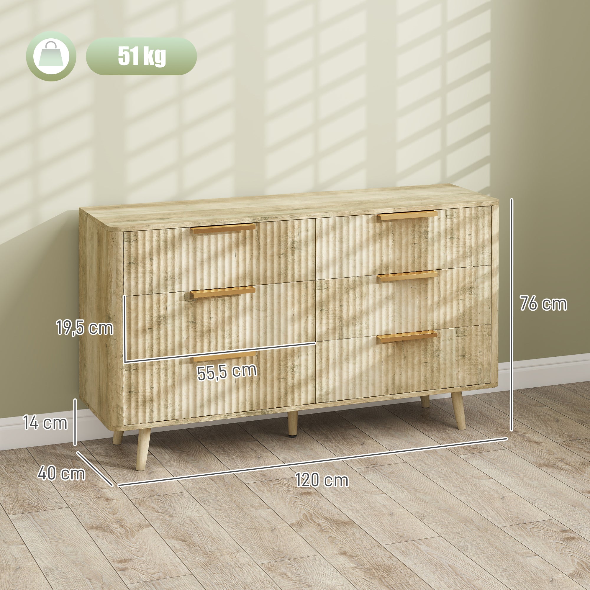 Skandinavische Kommode mit 6 Schubladen, Griffen und Füßen aus Kiefernholz, für Schlafzimmer, Wohnzimmer, Flur, 120x40x76cm, Eiche